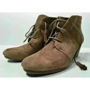 Dr Scholls Boots Womens 8M Beige Dakota Tassel Lace Up Wedge Bootie Suede